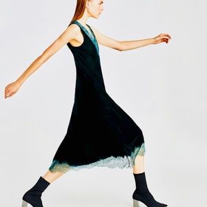 Slinky, Zara green velvet strappy dress with lace trim. NWT Last Price Drop